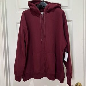 NWT BP Oversize Zip Fleece Hoodie Cotton Polyester Blend in Burgundy Tannin XL